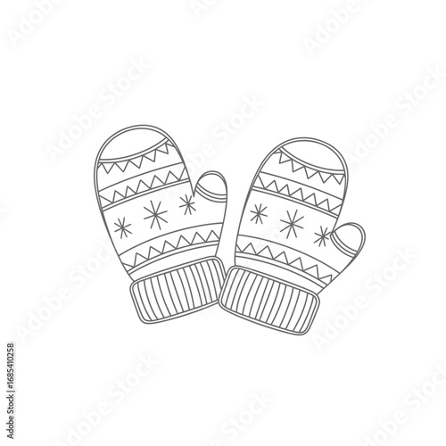 A charming black and white line art illustration depicts a pair of cozy winter mittens adorned with festive snowflake and zigzag patterns, perfect for seasonal designs.