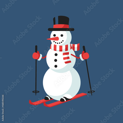 A cheerful snowman wearing a hat and scarf, enjoying a winter ski adventure.