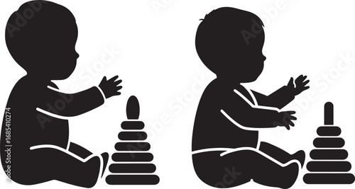Two babies playing with stacking rings silhouette