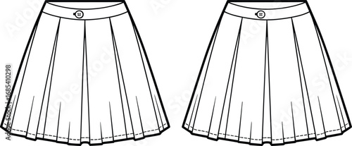 Flat vector cad sketch of pleated skirt with button waistband, front and back view, fashion design template, clothing technical illustration