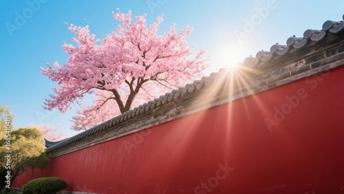 Cherry Blossom Tree in Bloom Beside a Traditional Red Wall with Sunlight Beaming Over