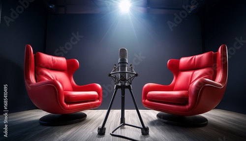 two red lazy chairs positioned under spotlights in a podcast or interview room