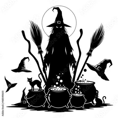 Silhouette of a witch with hats, black cat, broomsticks, and bubbling cauldrons for Halloween