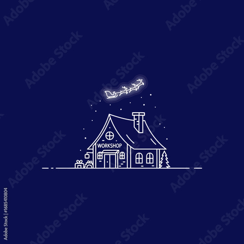 A minimalist line art of Santa's workshop at night with his sleigh flying across the starry sky.