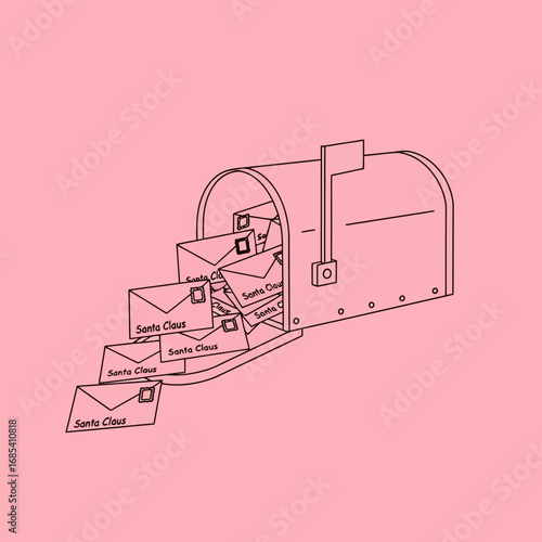 A vintage-style line drawing depicts a mailbox overflowing with numerous letters addressed to Santa Claus, some spilling out onto a pastel pink background.