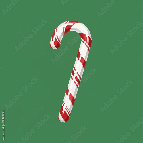 A candy cane, striped with red and white, against a solid green background.