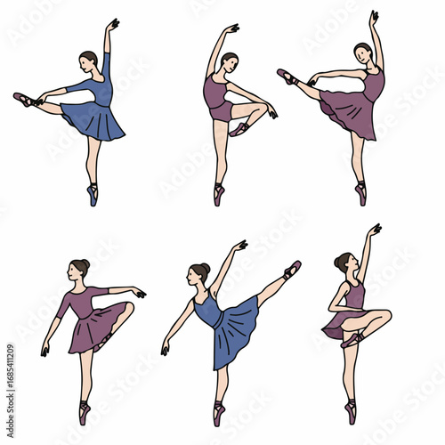 Set of cartoon illustrations featuring female ballet dancers in different elegant poses, perfect for dance and art concepts.