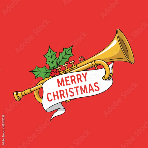 A festive illustration featuring a golden trumpet, holly, and a "Merry Christmas" banner against a red background.