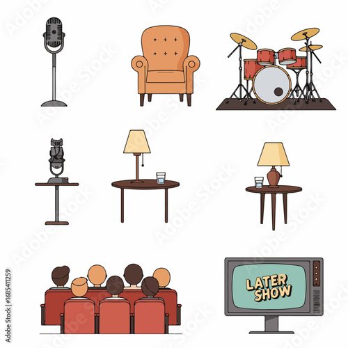Collection of illustrations representing a late-night talk show or live performance setup, including microphones, audience, drum set, armchair, tables, and vintage TV.