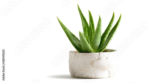 A large, healthy aloe vera plant centered on a simple white background with blank text space to highlight its vibrant colors, textures, natural charm, and appeal.