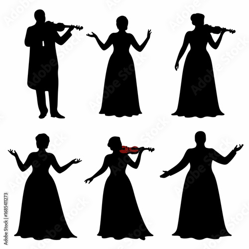 Silhouettes of Classical Musicians and Opera Singers Performing. Elegant figures playing violins and gesturing, ideal for music, concert, and art-related designs.