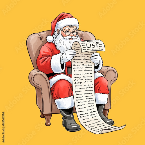 Santa Claus meticulously examines a very long list, seated in a comfortable armchair.