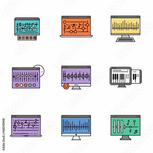 Colorful Digital Music Production, Audio Editing, and Sound Engineering Software Interface Icons Set