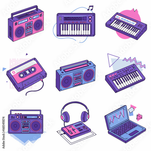 Retro Music Devices and Modern Tech in Vibrant Isometric Illustrations for a Nostalgic Audio Experience.