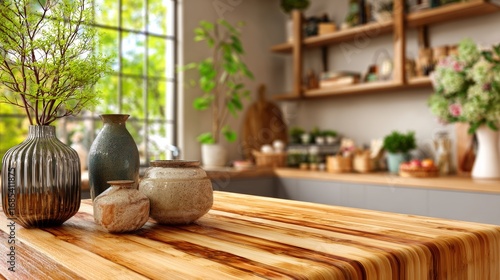 Striped wood countertop in a modern naturally lit kitchen, evoking a sense of calm, minimalism and natural living. Great for product mockup, lifestyle promo and interior design inspiration