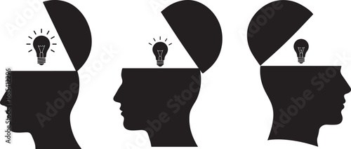 Three heads open with lightbulb ideas silhouette