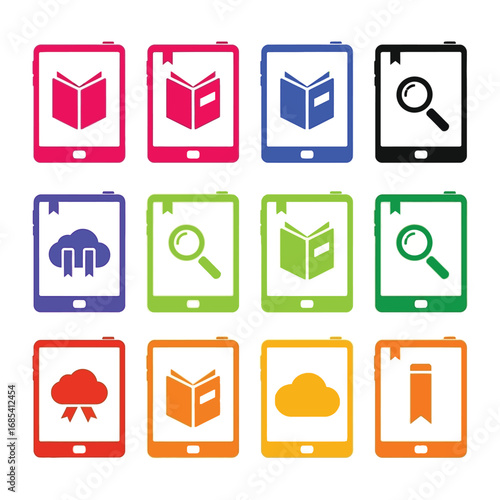 Digital Library Icons: A vibrant array of digital library icons representing electronic books, search functionality, and cloud storage, offering a visually appealing depiction of modern reading.