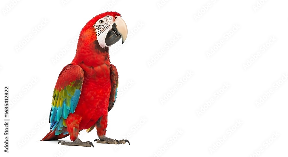 Fototapeta premium Vibrant scarlet macaw parrot standing tall against white background