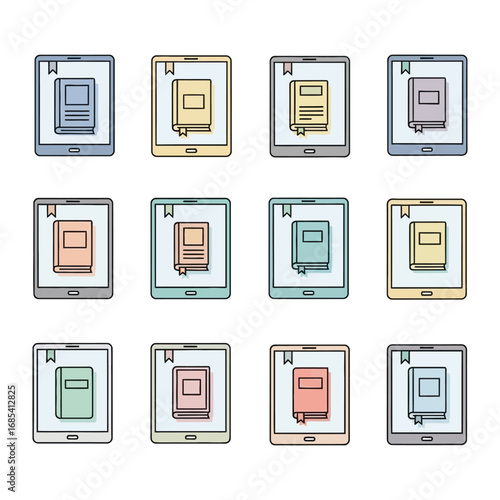E-Book Library: An array of colorful e-books displayed on tablet screens, showcasing the modern world of digital reading and online libraries. 