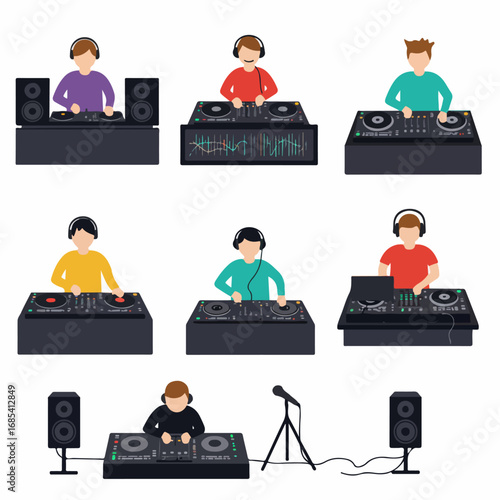 Collection of flat design DJ illustrations with various equipment setups for music events and entertainment, including turntables, mixers, and headphones.