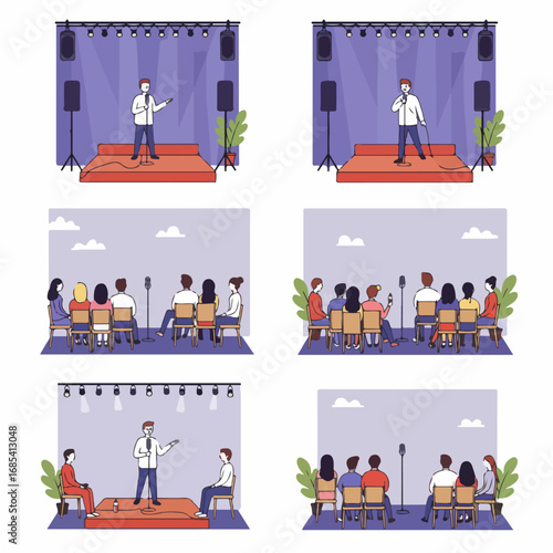 Illustrations of a speaker performing on stage for an audience, depicting public speaking, stand-up comedy, and panel discussions in a modern flat vector art style.