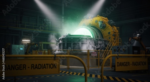 Dimly lit radioactive waste vitrification melter bay showcasing the melter vessel and surrounding safety fencing.