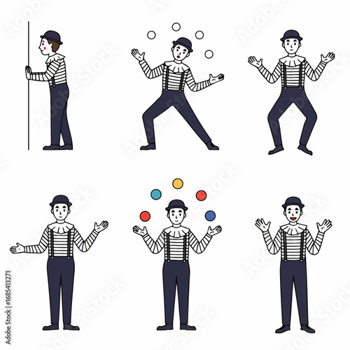 Mime Artist Performance Poses Illustration Set: Juggling, Leaning, and Expressive Gestures in Classic Black and White Costume on White Background.