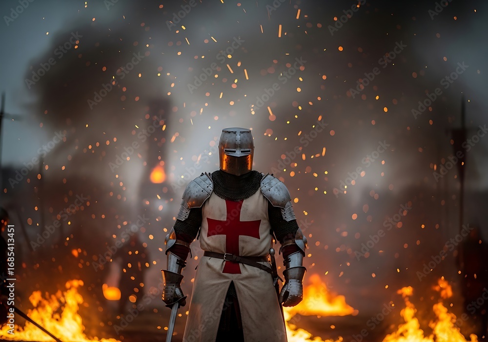 Fototapeta premium Dramatic Cinematic Knight Standing Courageously Amidst Fire and Embers