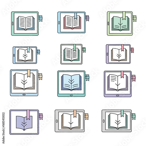 Digital Library Icon Collection: A modern digital library icon set, featuring vibrant tablets displaying an open book with a bookmark, symbolizing access to knowledge and learning