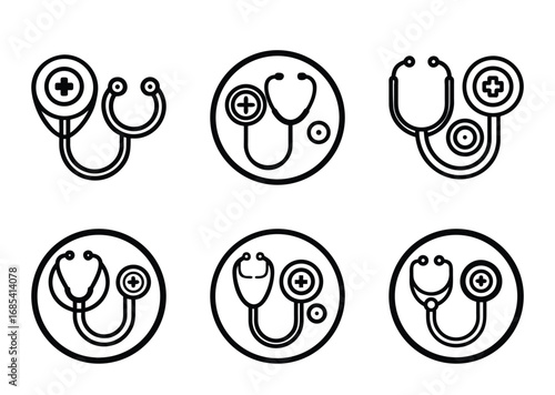 Stethoscope icon set in black and white representing medical care field