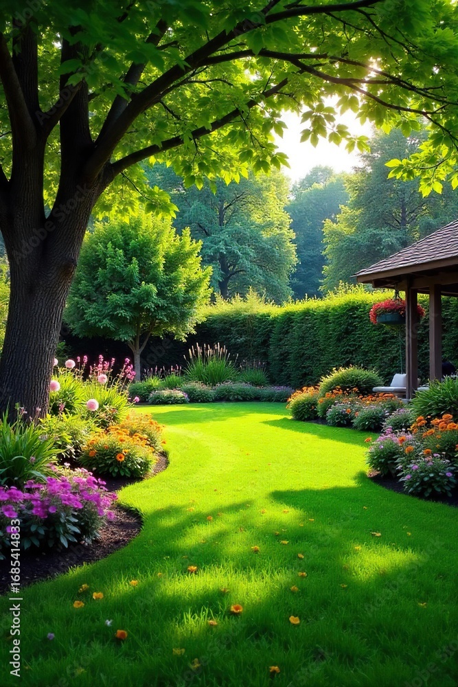 Fototapeta premium Serene backyard oasis featuring lush green grass, vibrant flowerbeds, and mature trees providing ample shade Perfect for relaxation and outdoor entertaining , petals, healthy, lawn