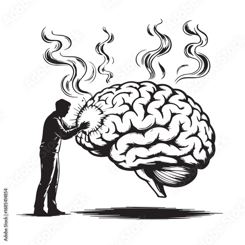 Man Interacting with Giant Brain – Surreal Black and White Concept of Intelligence, Energy, and Thought