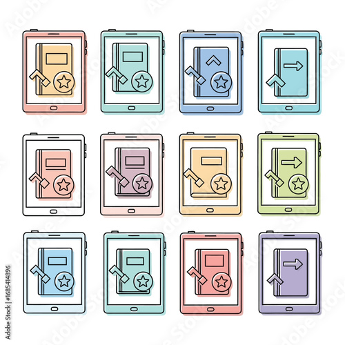 Digital Libraries: A comprehensive collection of e-readers, each displaying a unique book cover design along with interactive elements like a bookmark and an arrow icon.