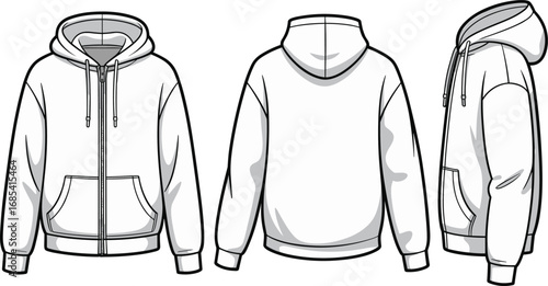 Hooded zip-up sweatshirt technical drawing, front back and side views, flat vector hoodie sketch with pockets, drawstrings, ribbed cuffs, hem