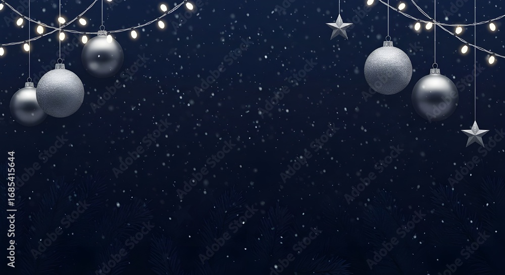 Fototapeta premium Feliz Navidad Banner con decoración de plata brillante sobre fondo negro