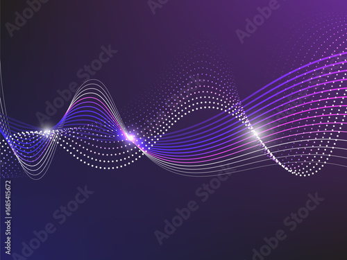 Abstract purple wave with glowing dots and smooth light trails on a dark background. Futuristic and elegant digital artwork ideal for tech, motion, and modern design projects.