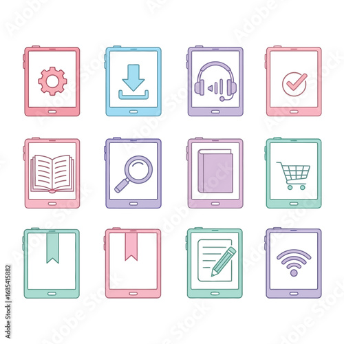Digital Tablet Icons: A captivating array of digital tablet icons, illustrating an electronic device with essential features and functions, perfect for modern design applications.