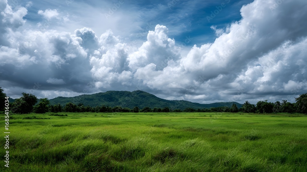 Fototapeta premium Expansive green field stretching towards verdant mountains under a dramatic cloudy blue sky depicting a tranquil natural landscape