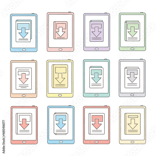 Digital Download Collection: A curated collection of vibrant tablet devices each displaying the digital download symbol, representing access and information delivery.