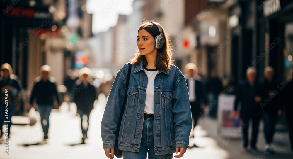 Obraz premium Woman walking in city street with headphones