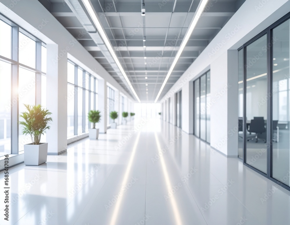 Obraz premium Minimalist Bright Office Long Hallway with Plants and Glass Doors