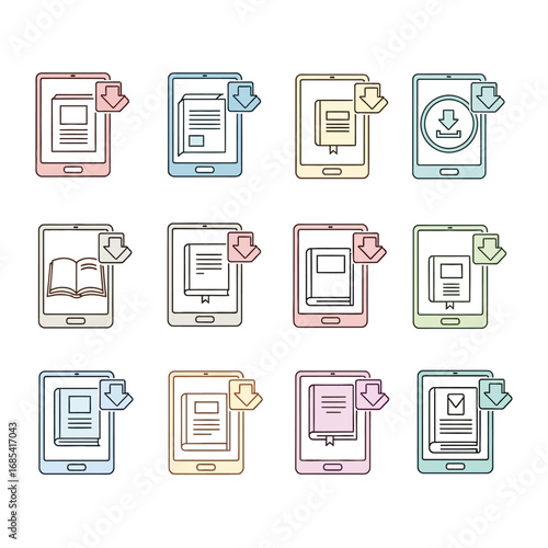 Digital Library Icons: A collection of stylized tablet icons representing the essence of a digital library, with each featuring a unique ebook and download interface.