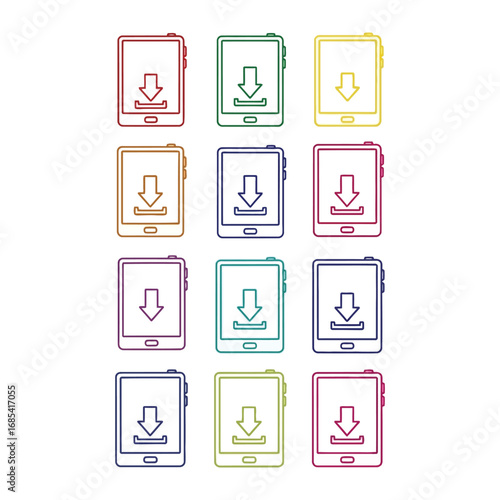 Mobile download concept: A vibrant arrangement of mobile device icons with the universal symbol of download set against a simple backdrop, depicting digital accessibility and technology.