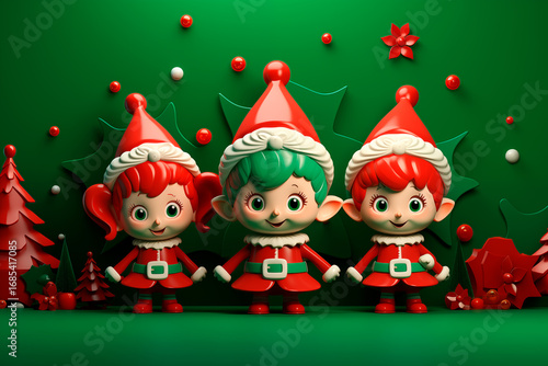 Three smiling Christmas elves on a green background with Christmas decorations, festive, fun, and creative concept conveying joy and holiday spirit, illustration