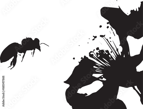 Bee Silhouette Flying Toward Detailed Flower on White Background
