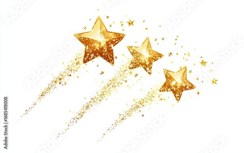 Three golden stars with glittering trails against a white background