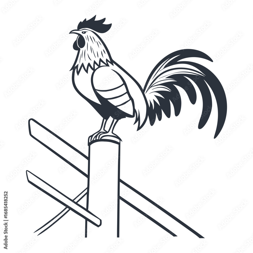 Fototapeta premium Rooster Perched on Fence Post Vector Art