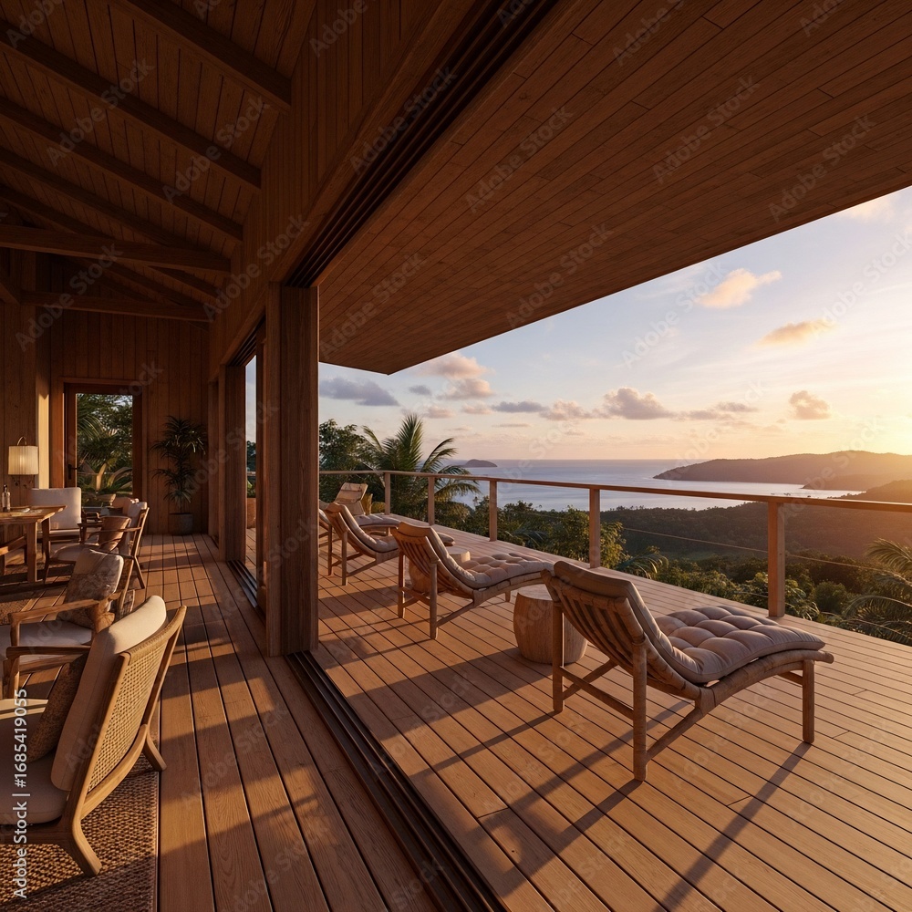 Fototapeta premium Luxury villa wooden deck overlooking ocean sunset tropical paradise serene escape high quality professional