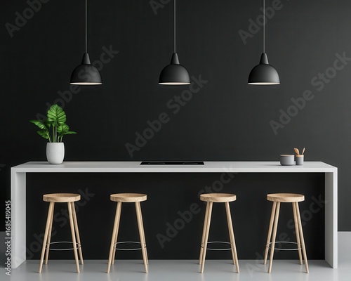 Floating kitchen island with open base and minimalistic pendant lighting