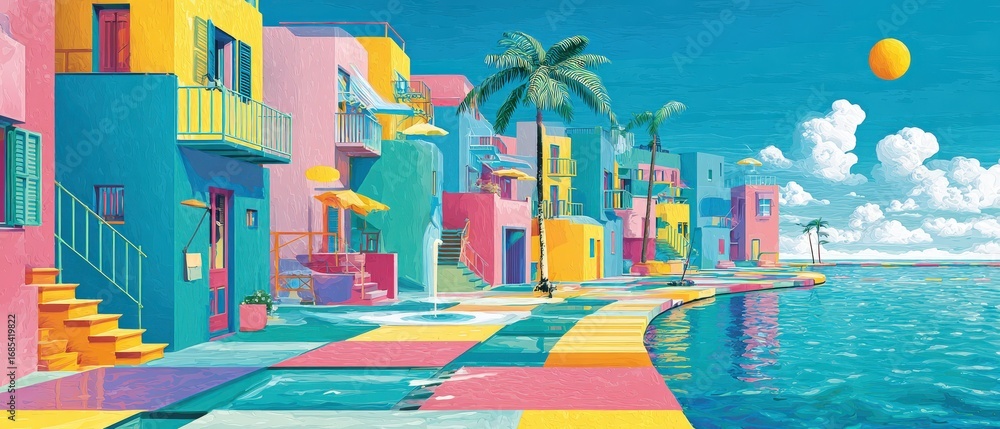 Fototapeta premium Vibrant coastal town with colorful buildings and palm trees under a sunny sky Concept of summer vacation, travel destination, and Mediterranean architecture